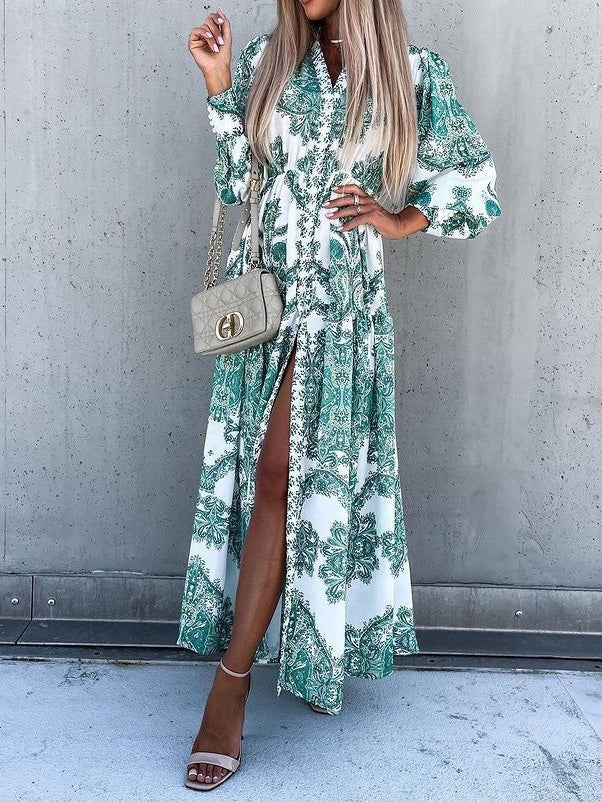 Vintage Print Long Sleeve Slit Dress Ins Street