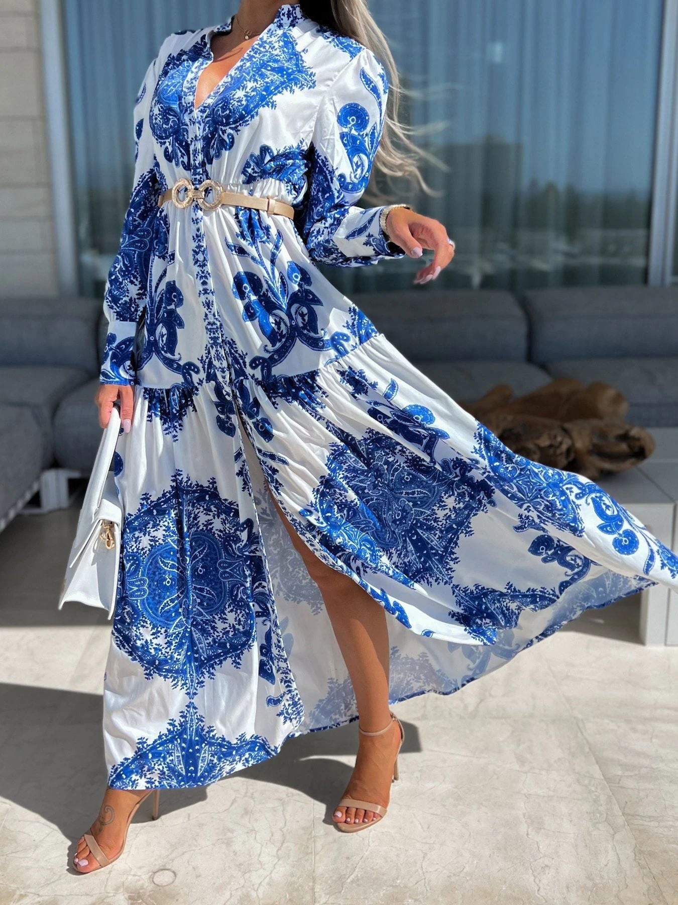 Vintage Print Long Sleeve Slit Dress Ins Street