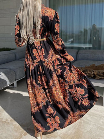 Vintage Print Long Sleeve Slit Dress