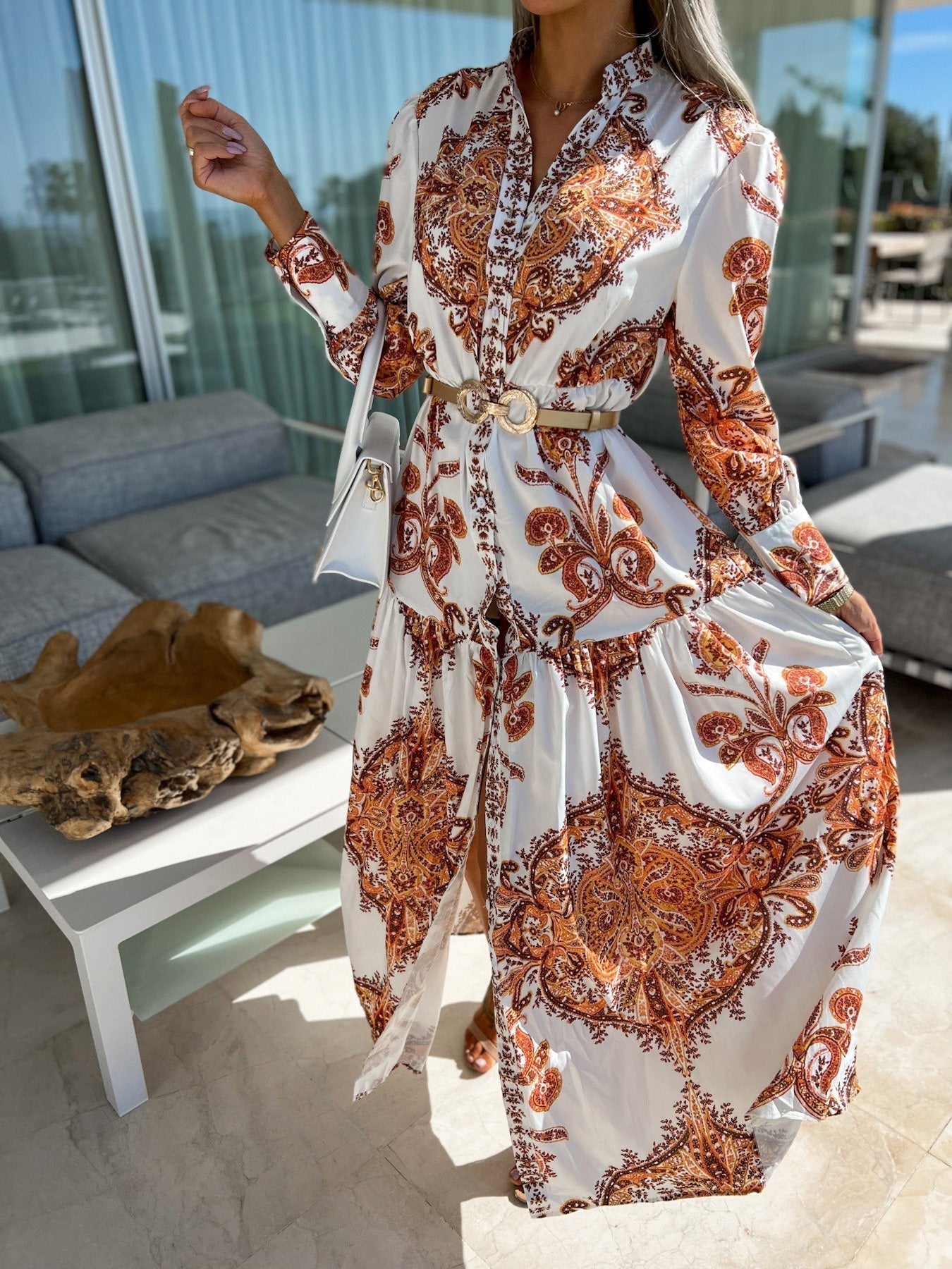 Vintage Print Long Sleeve Slit Dress Ins Street