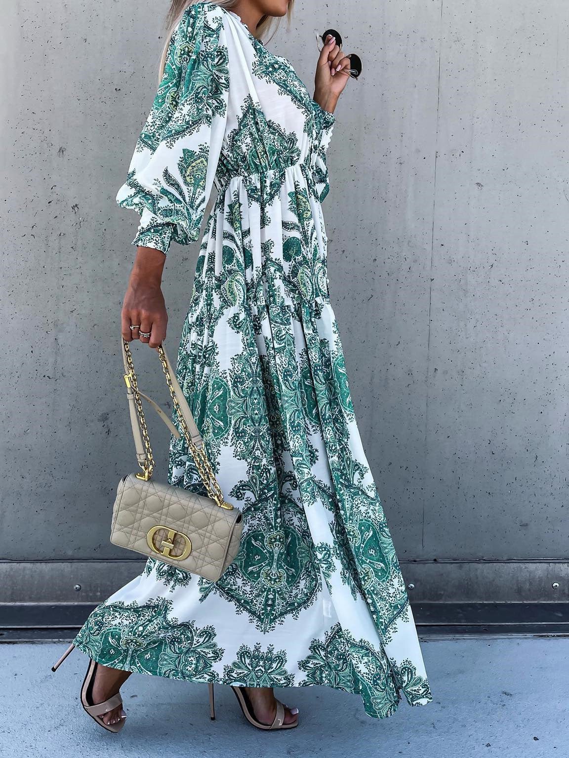 Vintage Print Long Sleeve Slit Dress