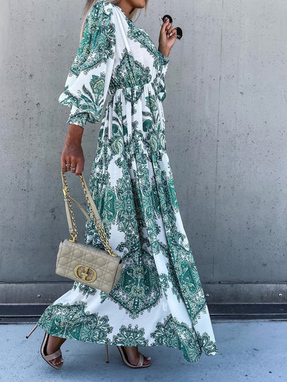 Vintage Print Long Sleeve Slit Dress