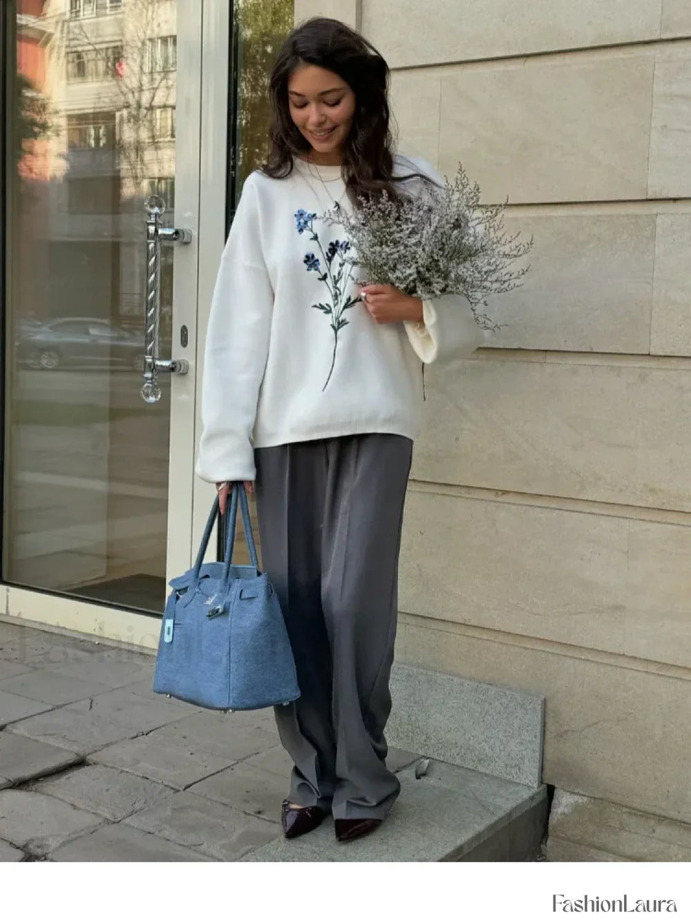 Women’s Flower Print Knitted Casual Round Neck Long Sleeve Loose Sweater Sweaters L