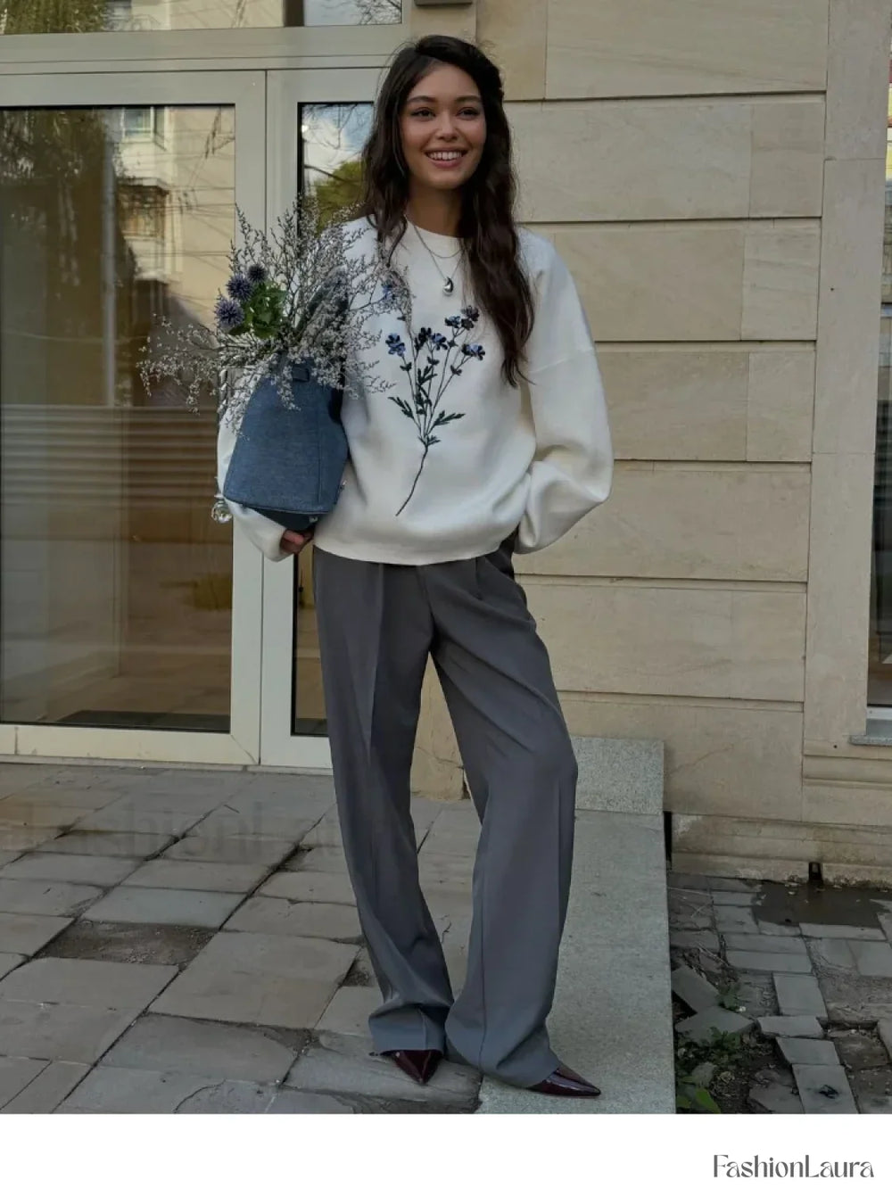 Women’s Flower Print Knitted Casual Round Neck Long Sleeve Loose Sweater Sweaters L