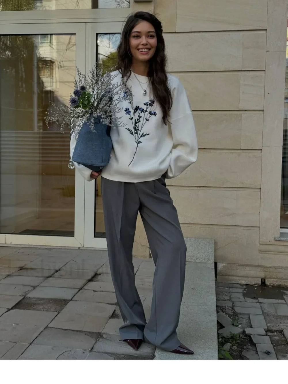 Women’s Flower Print Knitted Casual Round Neck Long Sleeve Loose Sweater Sweaters L