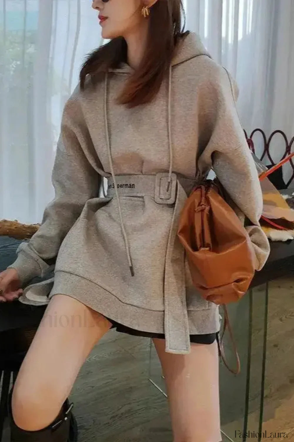 Women’s Loose Fit Hooded Hoodie Gray (plus velvet) / S