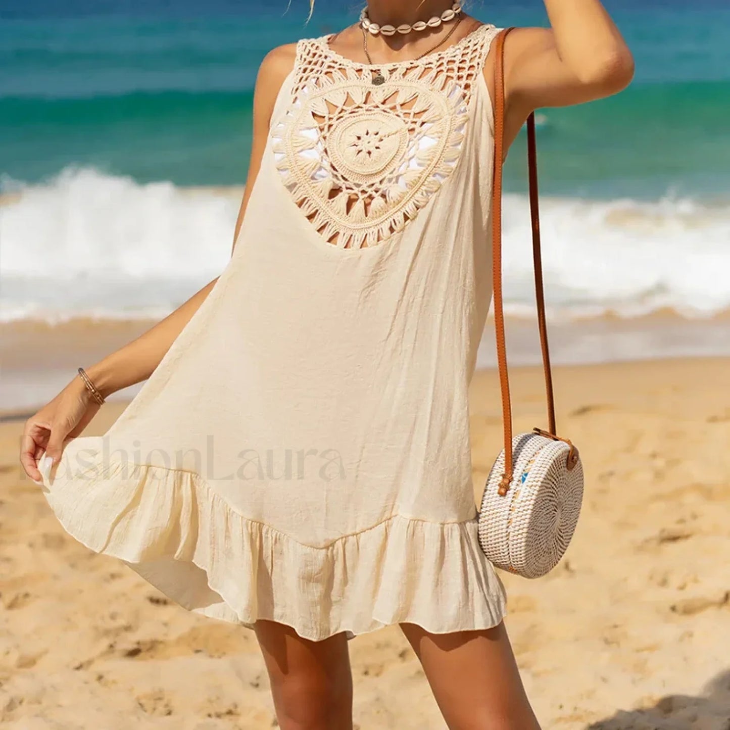Wooden Ear Crochet Sarong Cover Up Beige / One Size