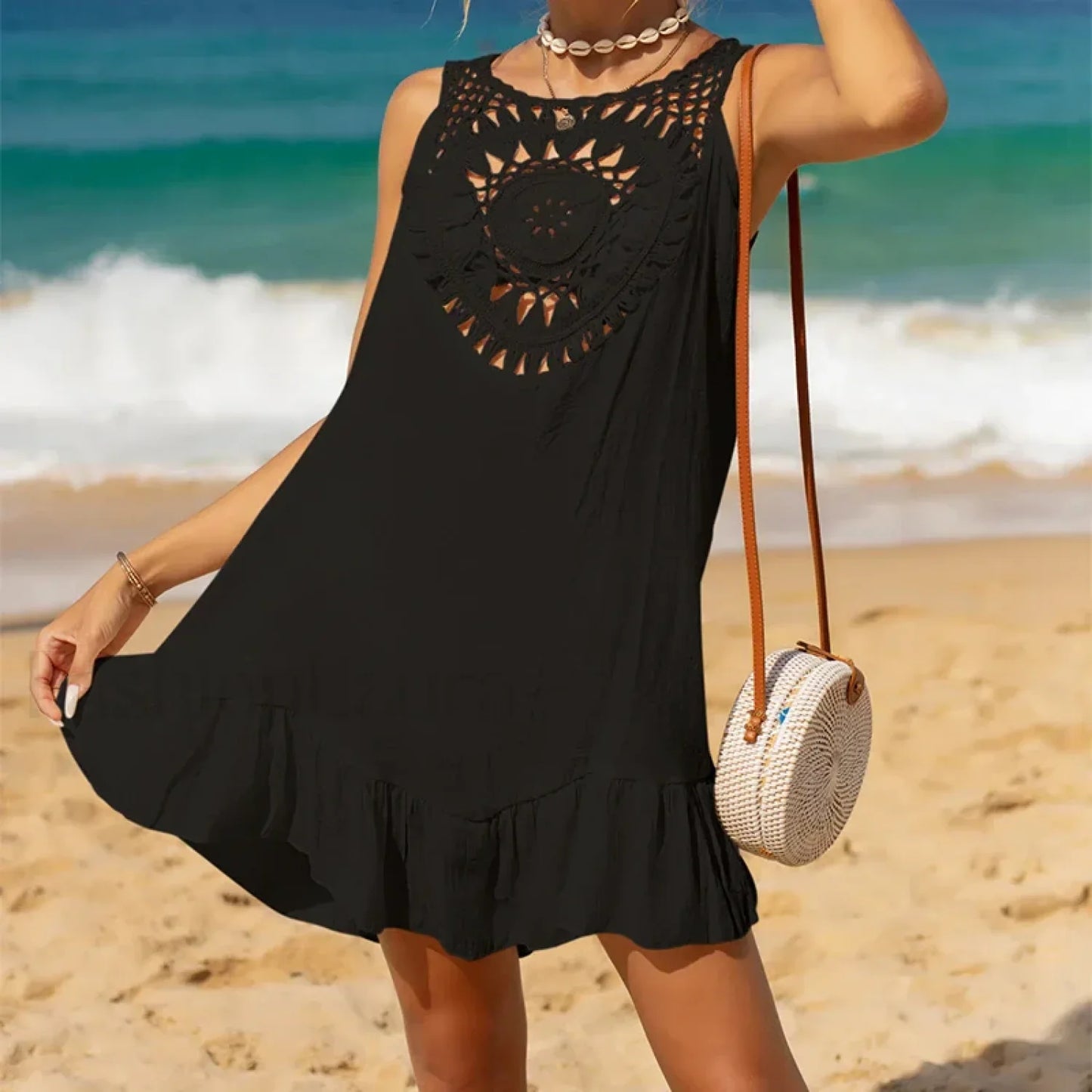 Wooden Ear Crochet Sarong Cover Up Black / One Size