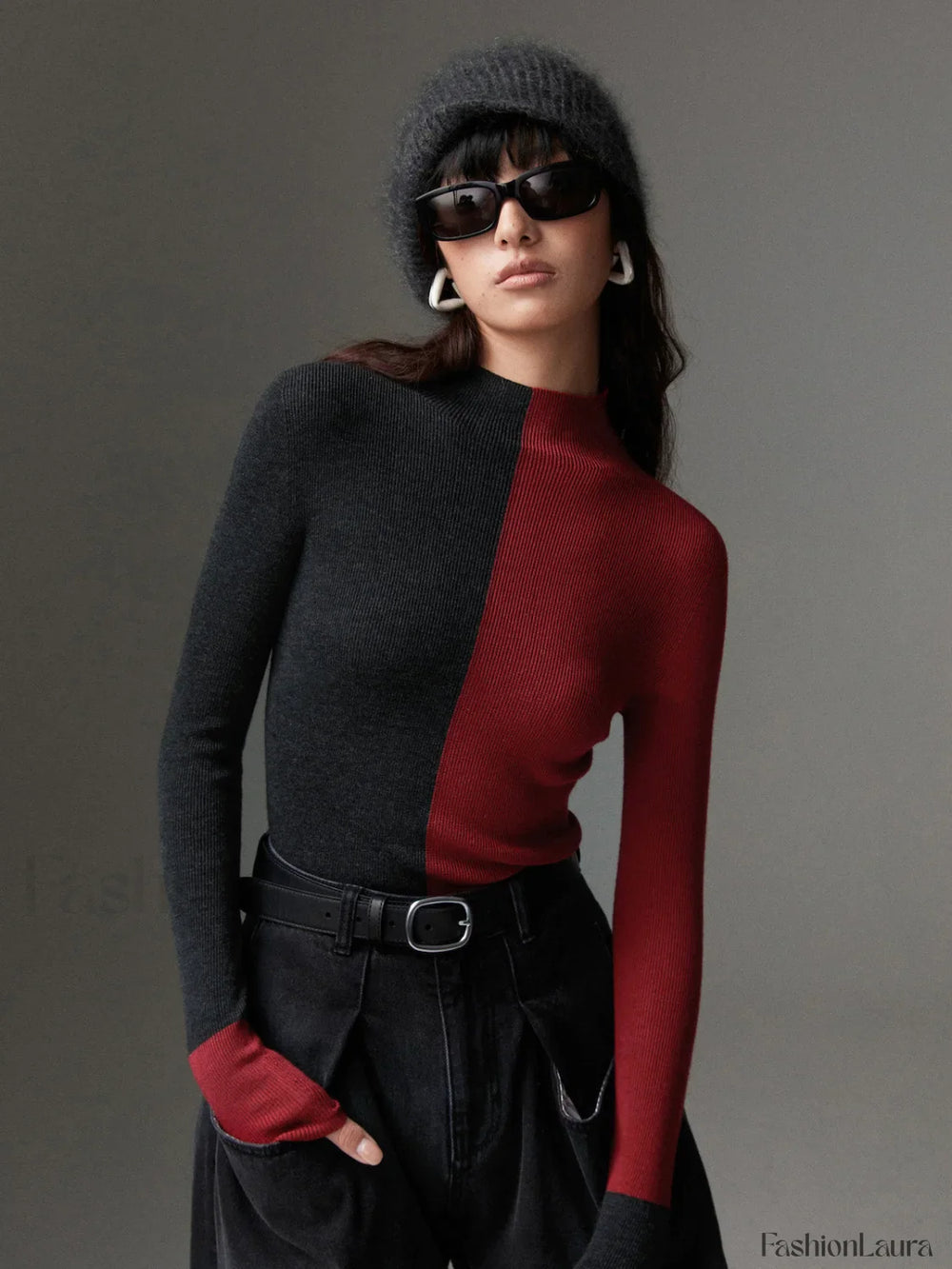 Wool Blend Two Tone Skinny Knit Top Burgundy / XS Knit Tops