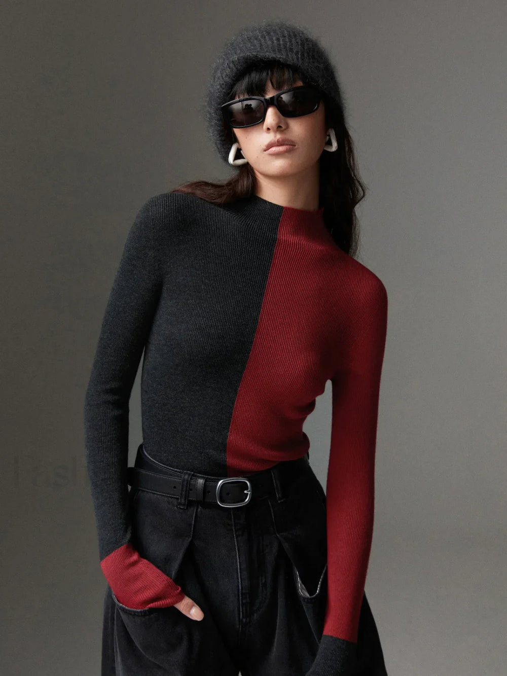 Wool Blend Two Tone Skinny Knit Top Burgundy / XS Knit Tops