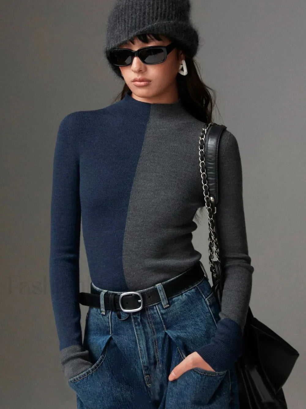 Wool Blend Two Tone Skinny Knit Top Navy / XS Knit Tops
