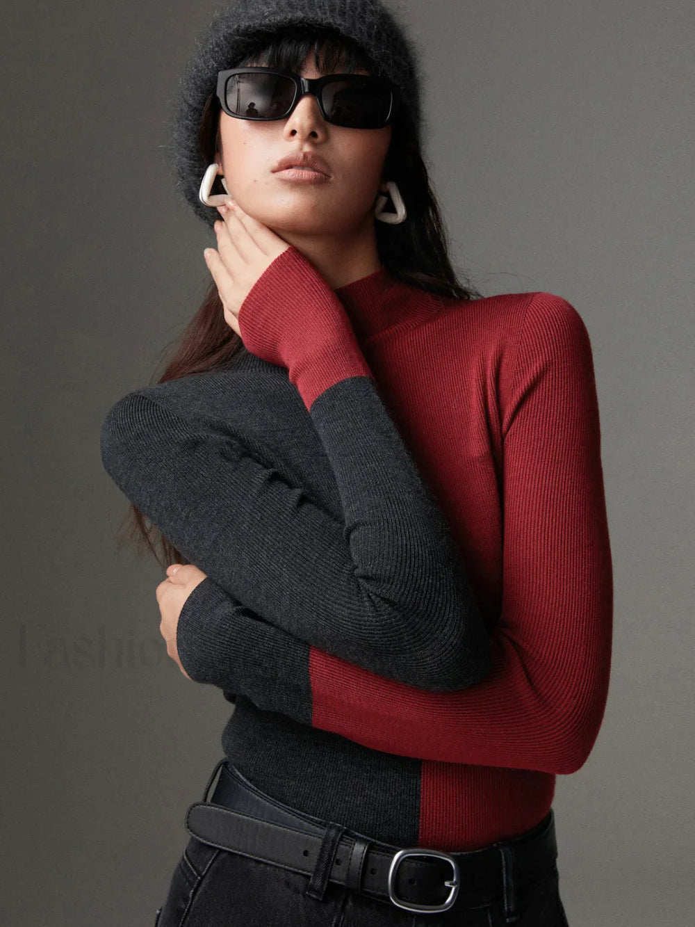 Wool Blend Two Tone Skinny Knit Top Knit Tops