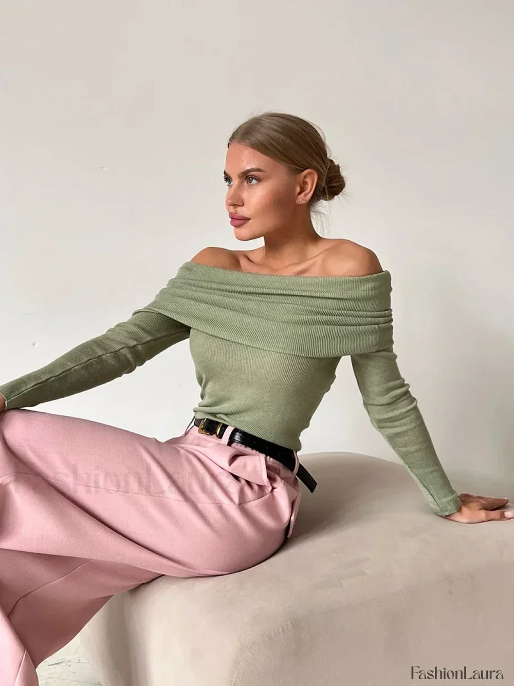 Wool Slim Off Shoulder T Shirt Light Green / S