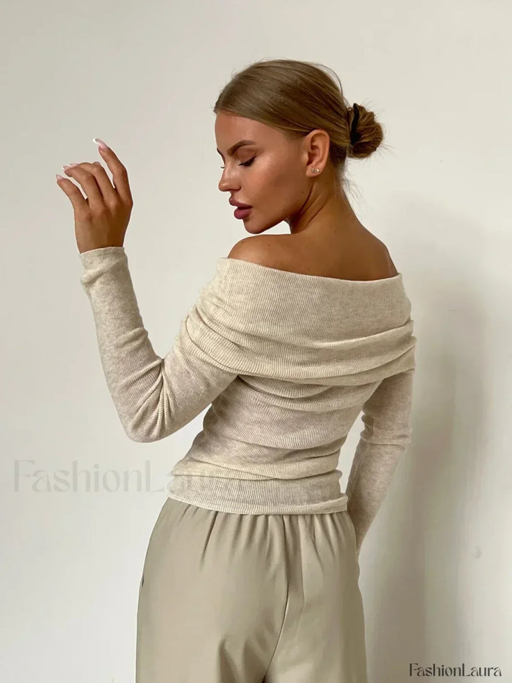 Wool Slim Off Shoulder T Shirt Oatmeal / S