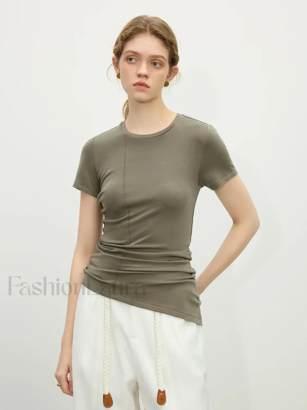 Wool Slim Stripe Irregular Hem T Shirt Bean green / S