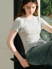 Wool Slim Stripe Irregular Hem T Shirt Black white / S