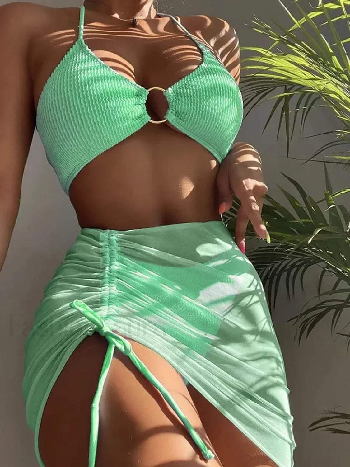 Wrap Skirt Halter Three Piece Set GREEN / S
