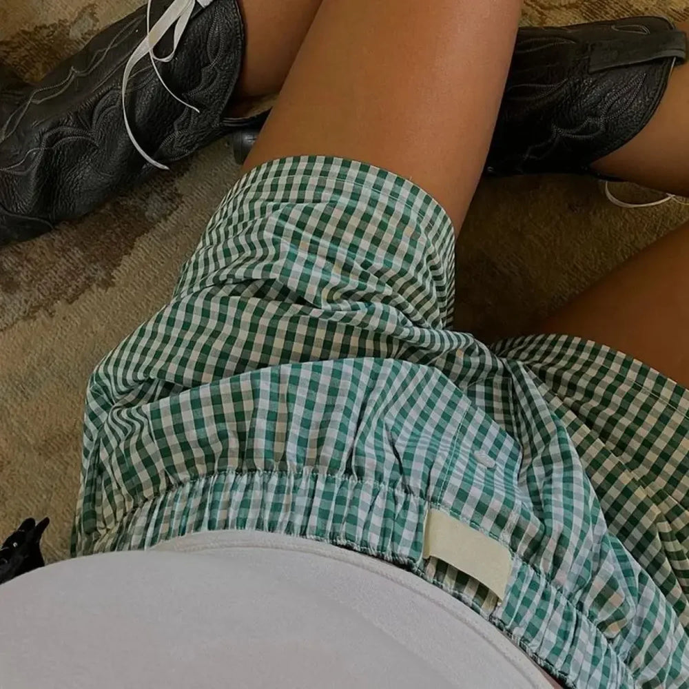 Y2K Aesthetic Plaid Pajamas Elastic Waist Baggy Short Green / S