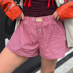 Y2K Aesthetic Plaid Pajamas Elastic Waist Baggy Short Red / S