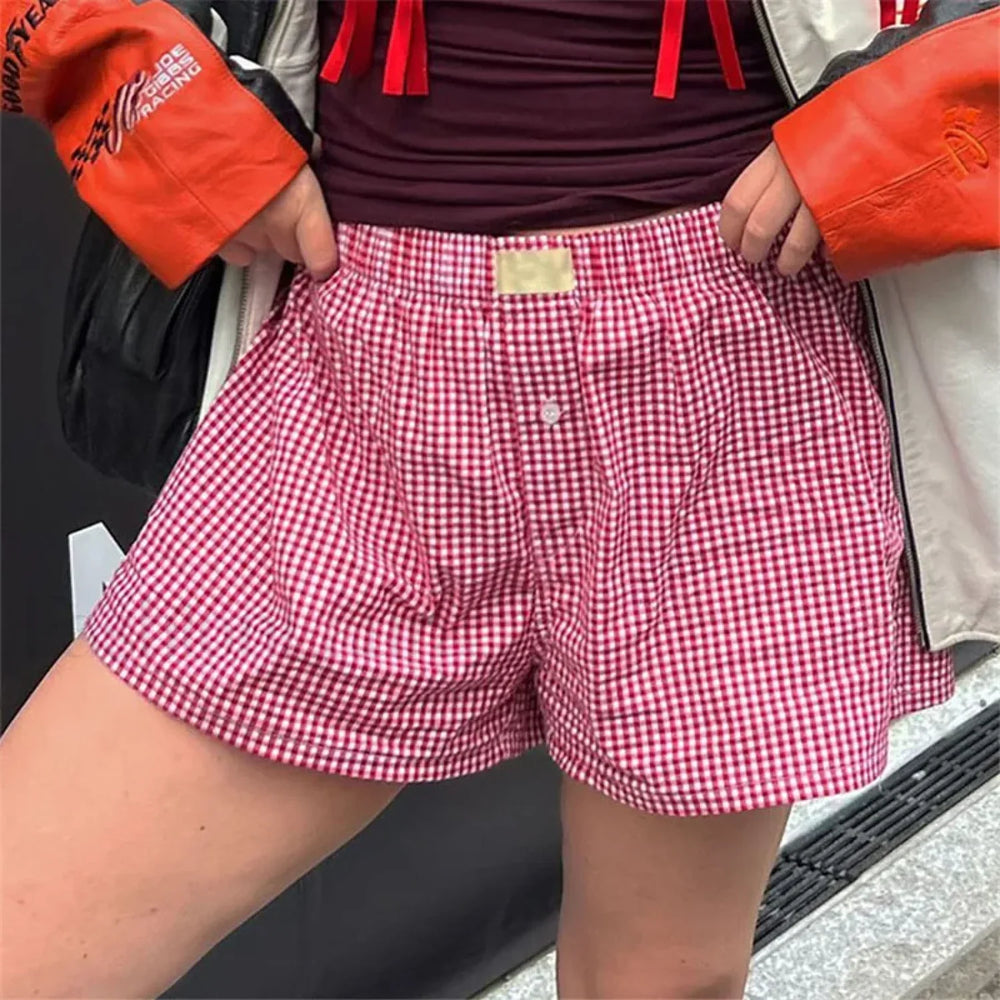 Y2K Aesthetic Plaid Pajamas Short Red / S