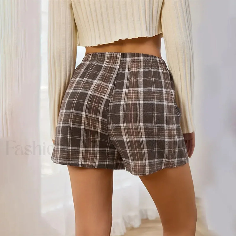 Y2K Cotton Cute Plaid Pajamas Elastic Waist Boxers Short
