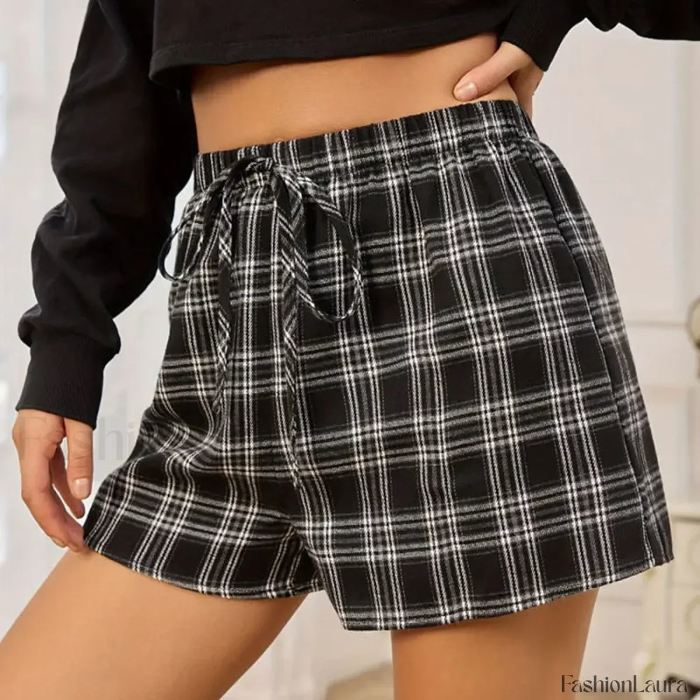 Y2K Cotton Cute Plaid Pajamas Elastic Waist Boxers Short black / S