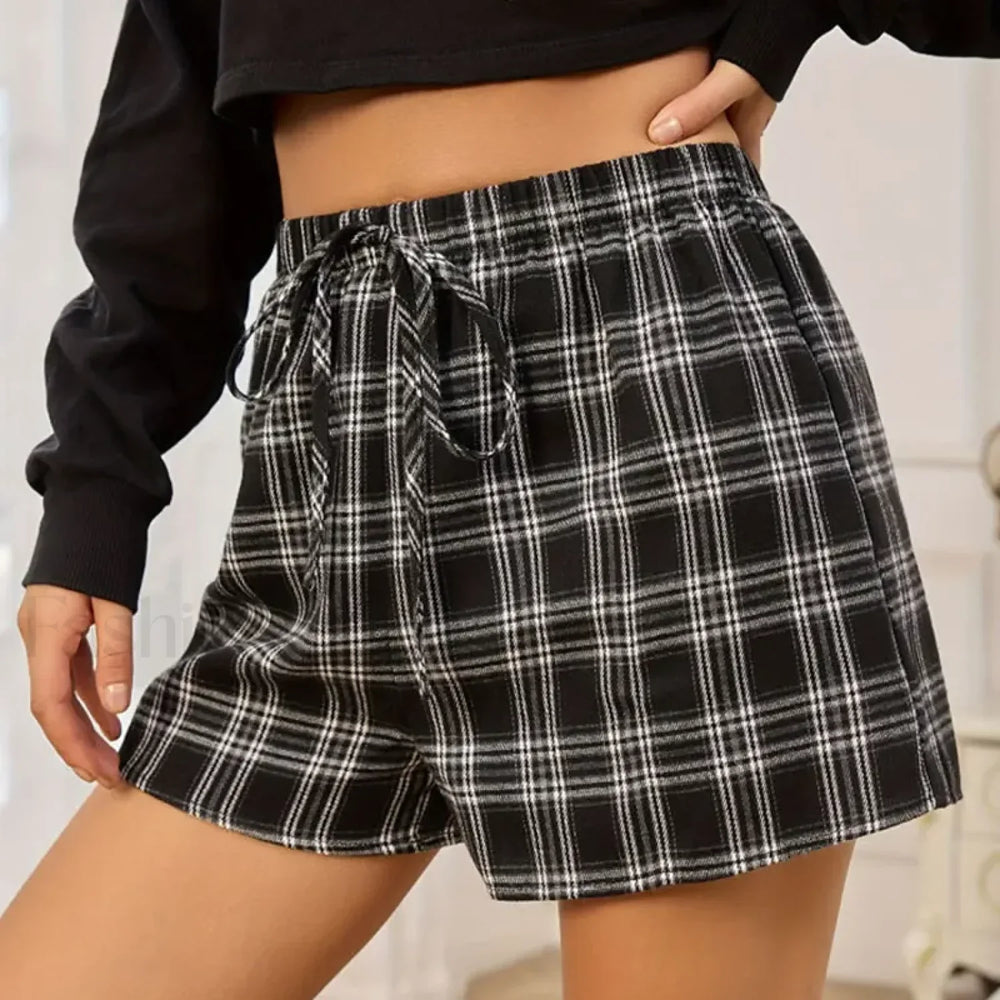 Y2K Cotton Cute Plaid Pajamas Elastic Waist Boxers Short black / S