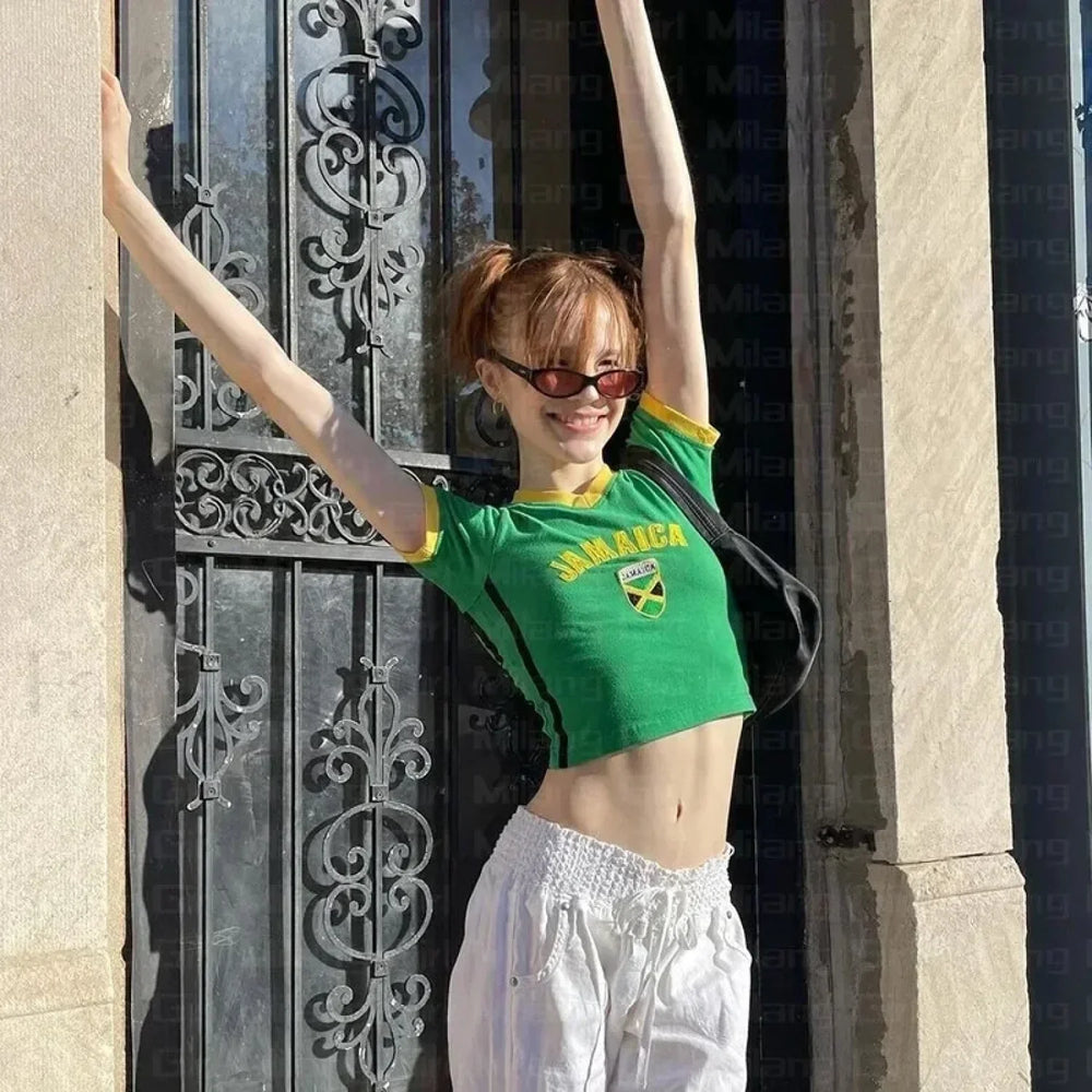 Y2k Embroidery Jamaican Crop T Shirt