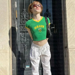 Y2k Embroidery Jamaican Crop T Shirt Green / S