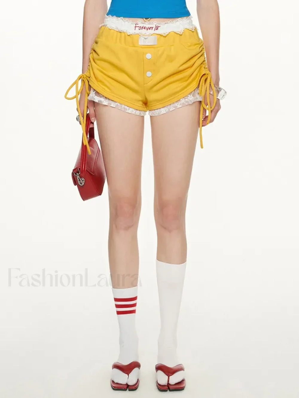 Y2K Embroidery Lace High Waist Drawstring Casual Short Yellow Short / S
