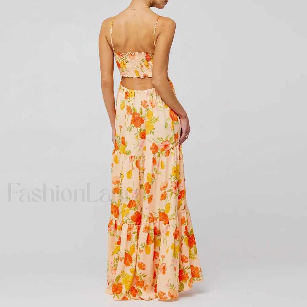 Y2K Floral Bodycon Spaghetti Maxi Dress