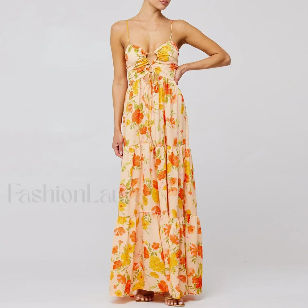 Y2K Floral Bodycon Spaghetti Maxi Dress