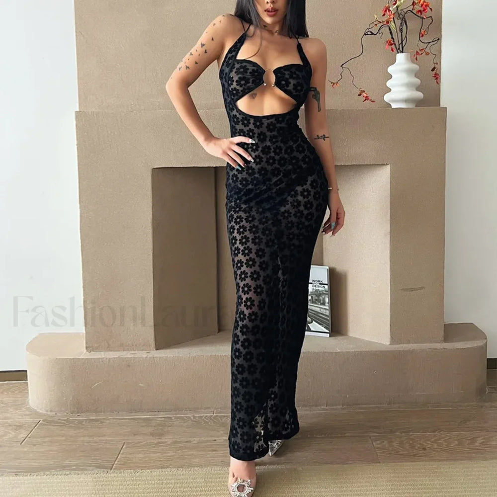 Y2K Floral Print Hollow Out Spaghetti Strap Floral Dress