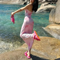 Y2K Floral Print Spaghetti Strap Mesh Bodycon Floral Dress pink / S