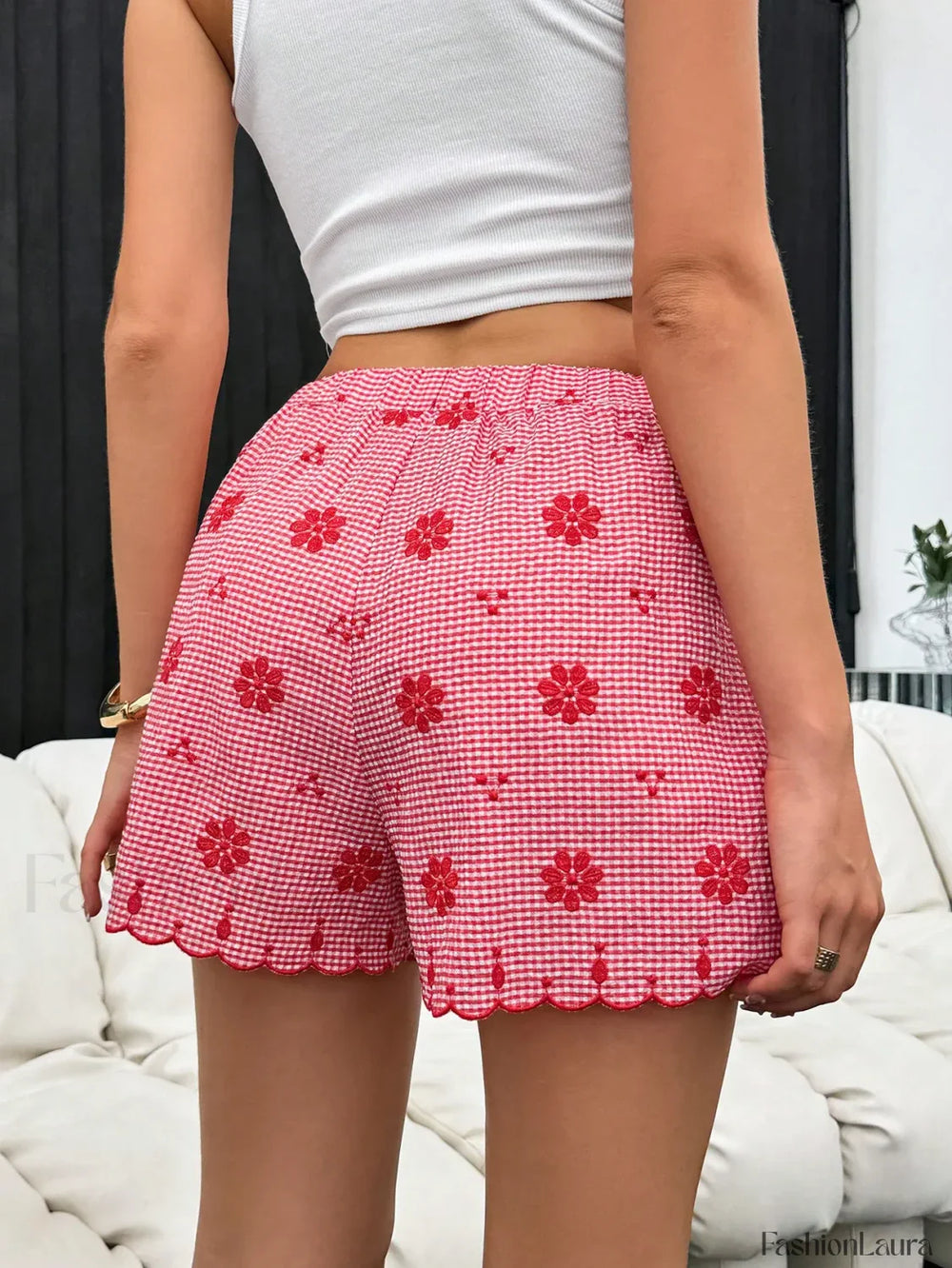 Y2K High Waist Red Plaid Button Front Ruffled Hem Short