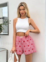 Y2K High Waist Red Plaid Button Front Ruffled Hem Short Red / XS