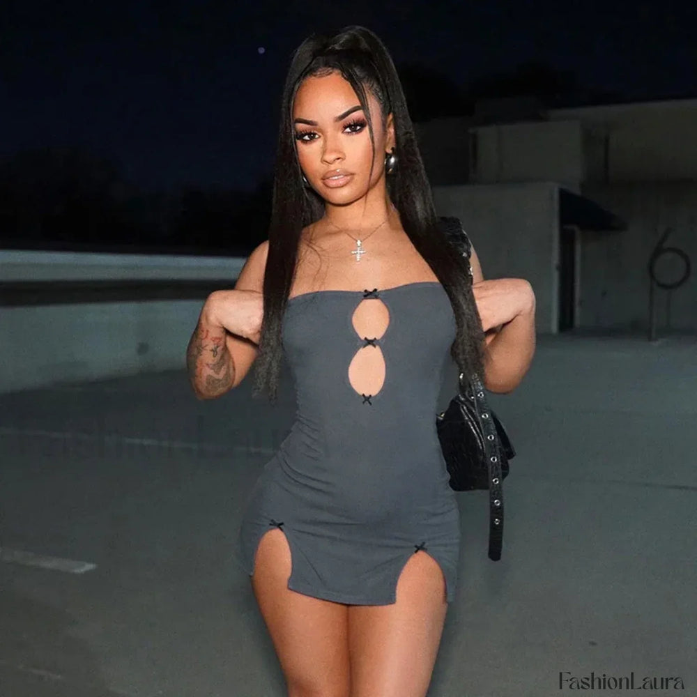 Y2K Hollow Strapless Mini Dress GREY / S