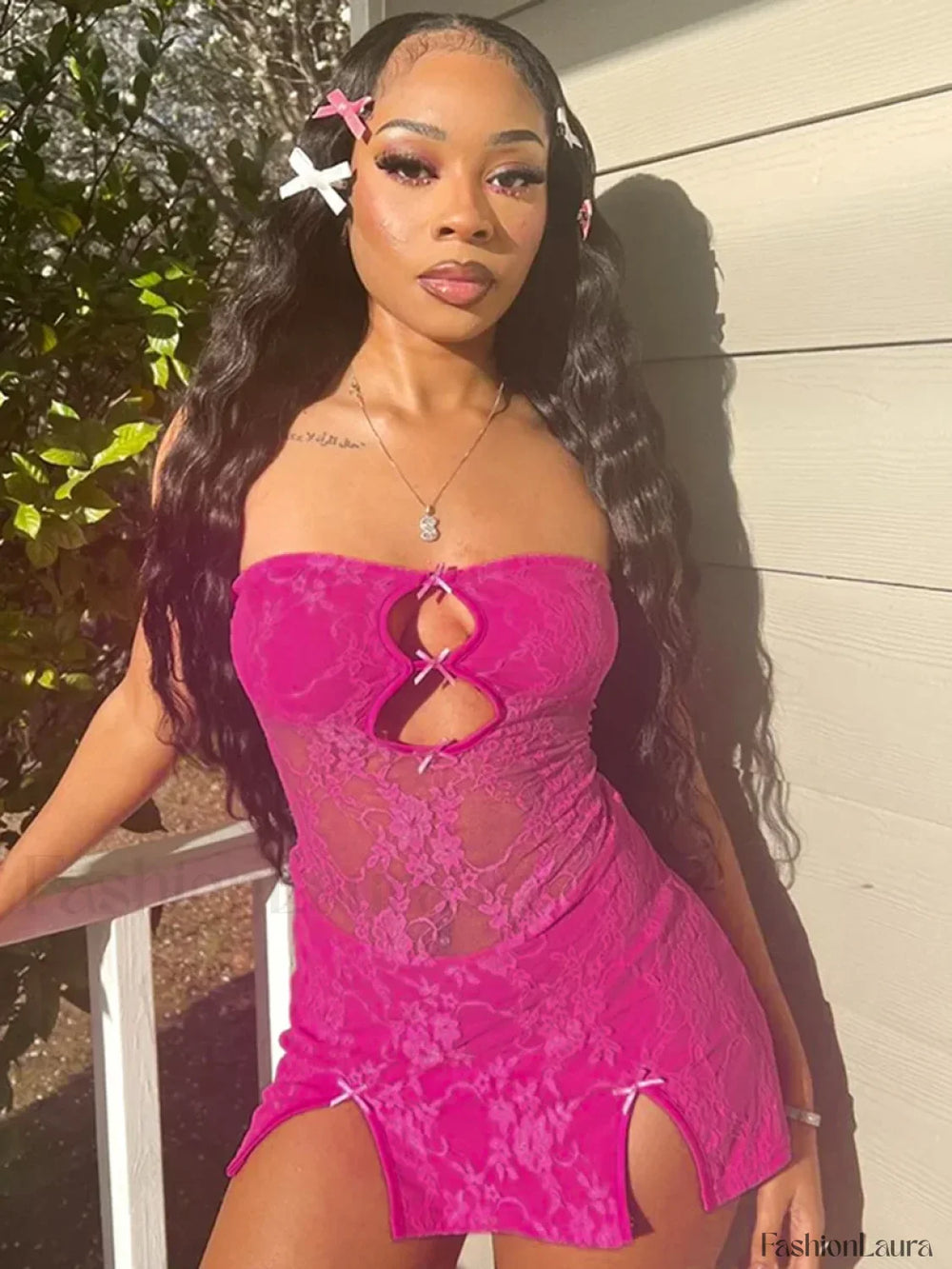 Y2K Hollow Strapless Mini Dress ROSE RED(LACE) / S