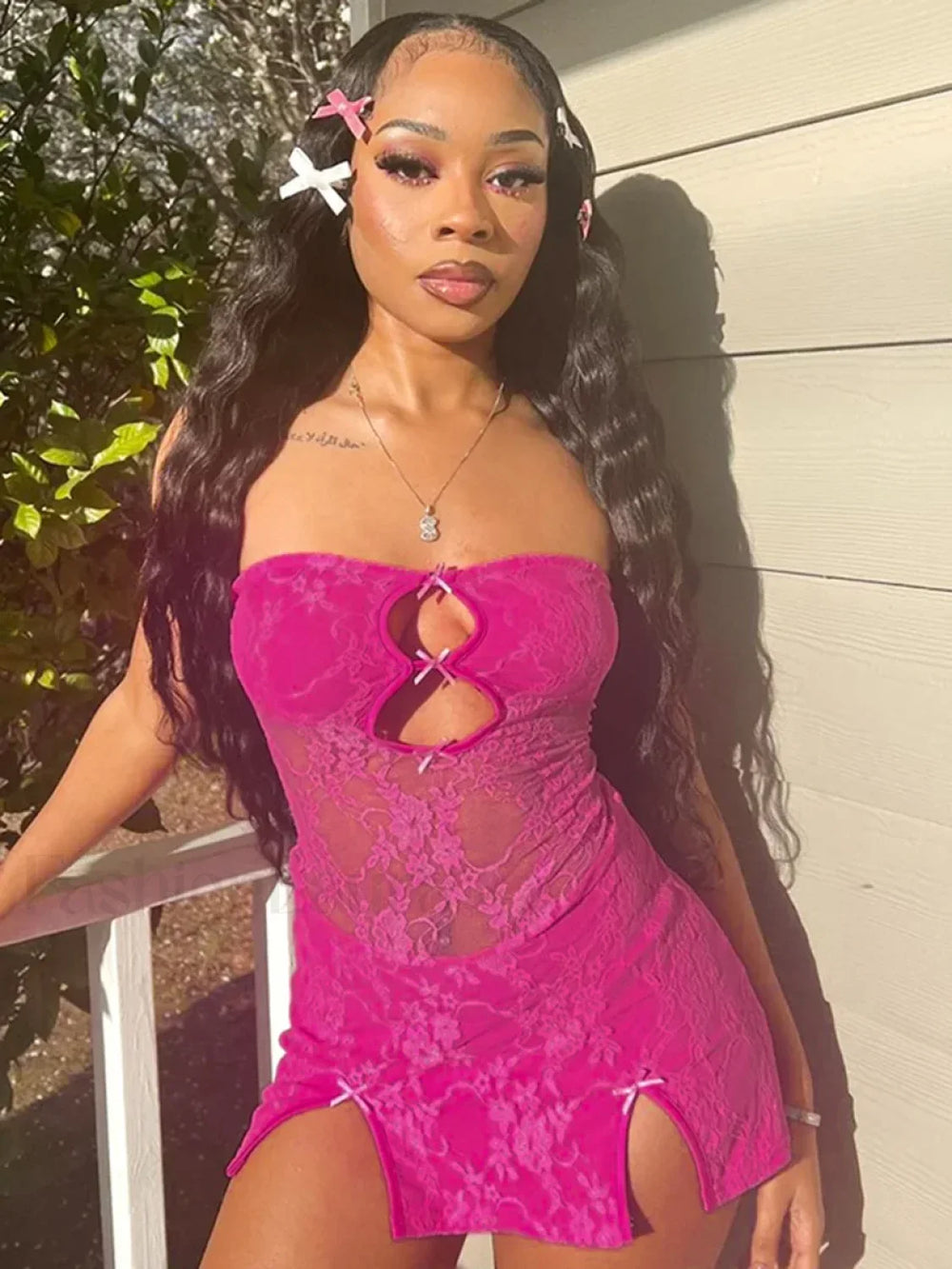 Y2K Hollow Strapless Mini Dress ROSE RED(LACE) / S