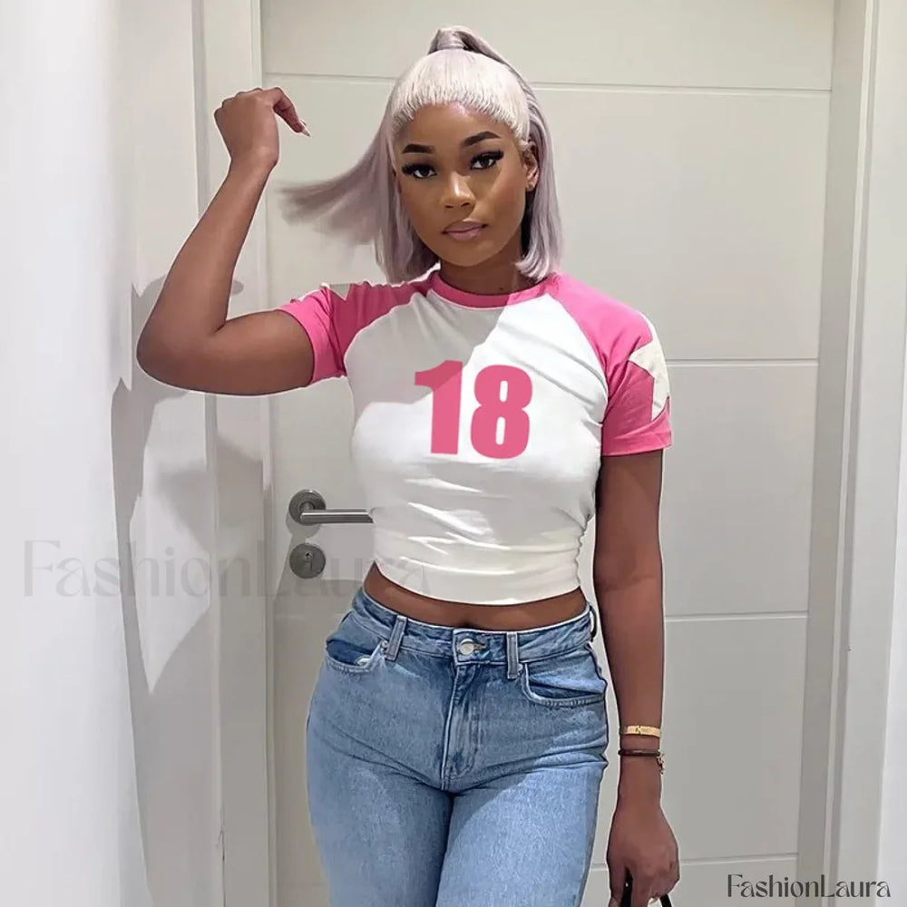 Y2k Kawaii Baby Tee Grunge Retro Splicing T Shirt Pink / S