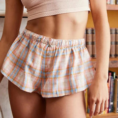 Y2K Plaid Casual Elastic Waist Fairy Aesthetic Lounge Short PINK / S
