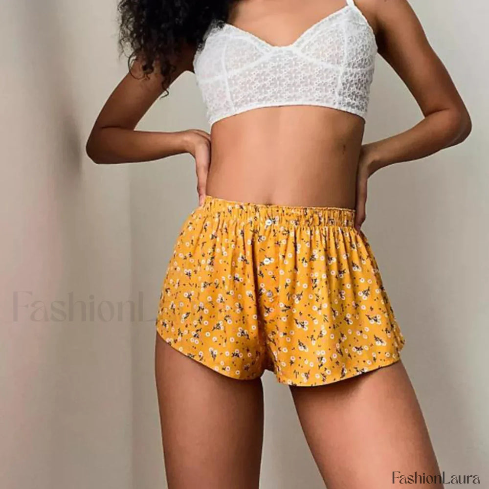 Y2K Plaid Casual Elastic Waist Fairy Aesthetic Lounge Short yellow / S