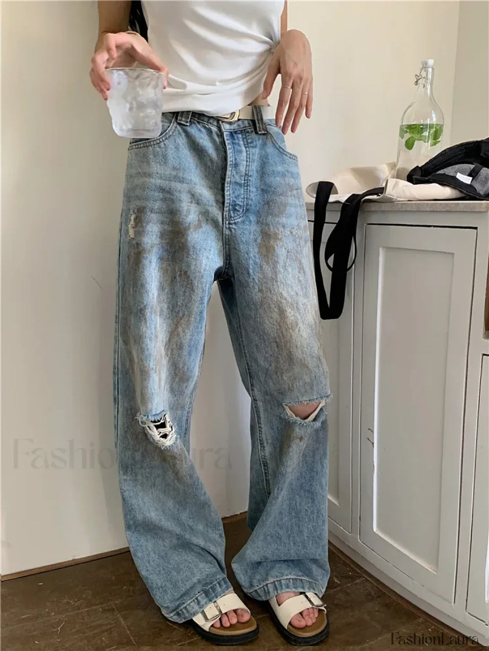 Y2K Retro Ripped Straight Leg High Waist Jeans