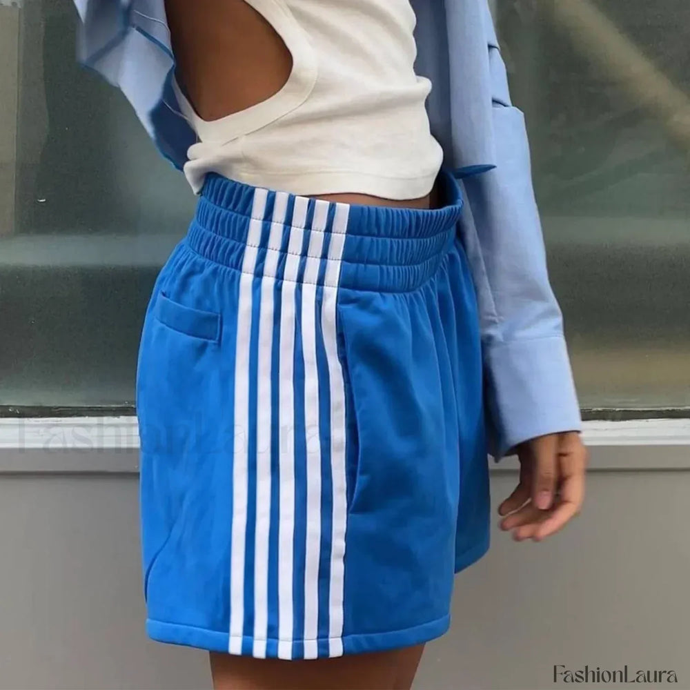Y2K Retro Striped Patchwork Loose Elastic Waist Short blue / S