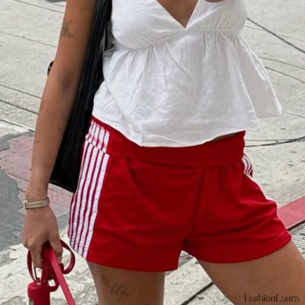 Y2K Retro Striped Patchwork Loose Elastic Waist Short red / S