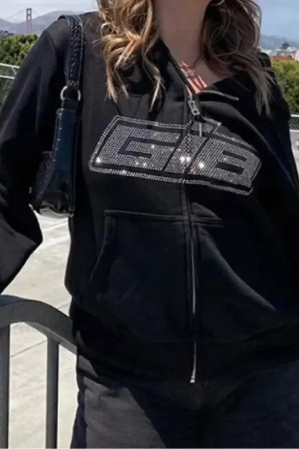 Y2K Rhinestone Zip Up Hoodie Black / S