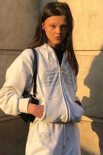 Y2K Rhinestone Zip Up Hoodie White / S