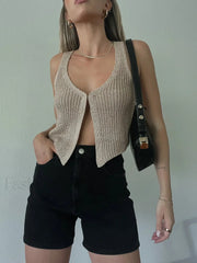 Y2K Sexy Casual Knitted V Neck Sleeveless Crochet Crop Top khaki / S
