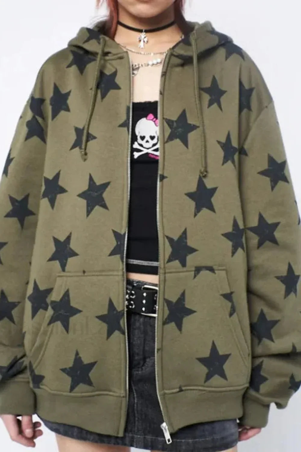 Y2K Vintage Gothic Stars Print Hoodie Green / S