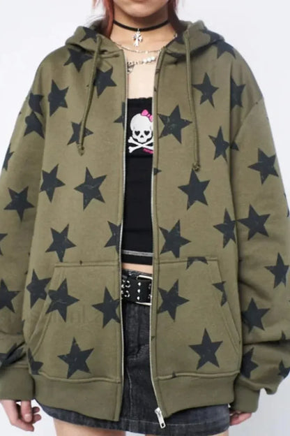Y2K Vintage Gothic Stars Print Hoodie Green / S
